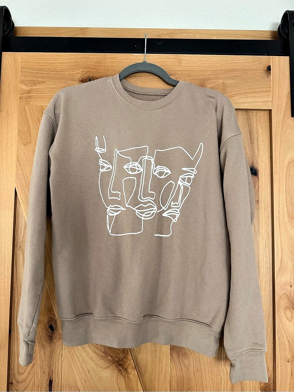 Graphic Crewneck Sweatshirt in Tan, Beige, Abstract Contour Sweater, Unisex smal